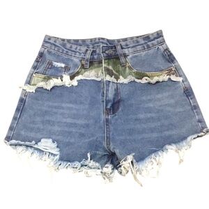 Brand New High Waisted Denim Shorts with Camouflage, Distressed